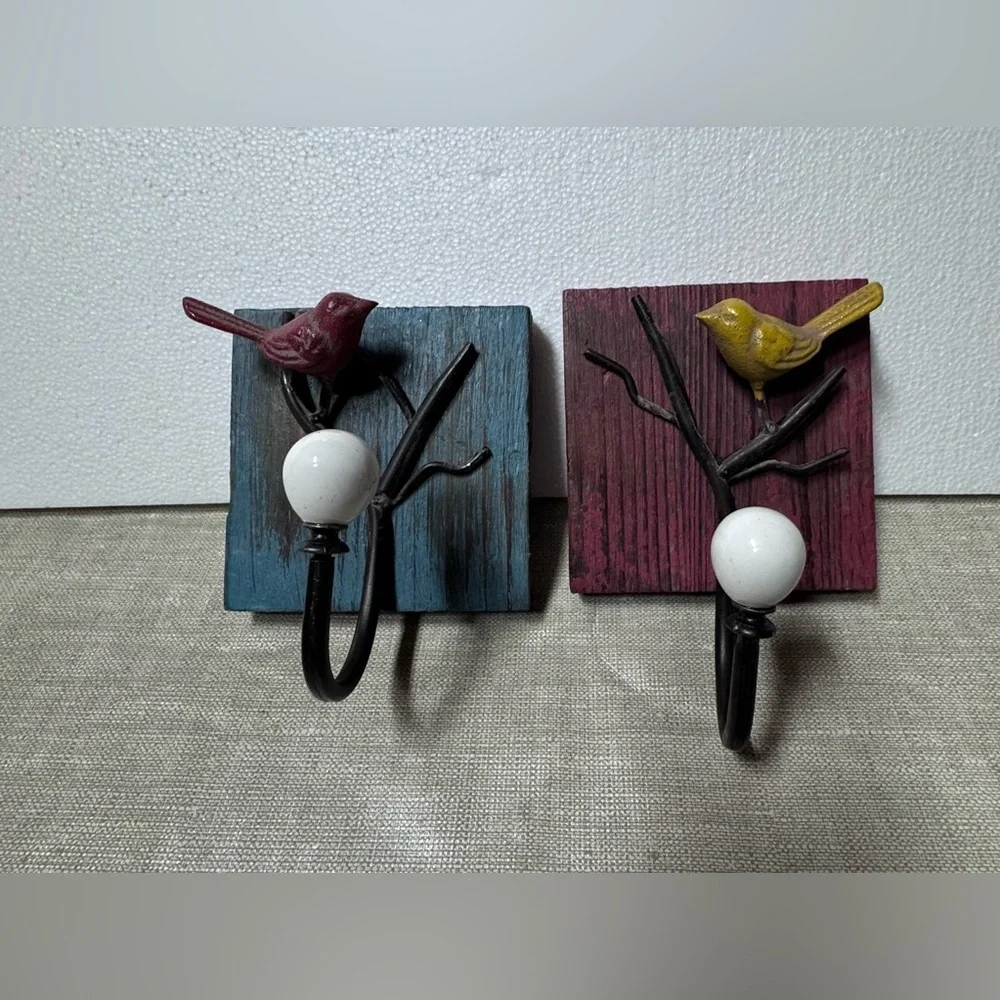 Rustic Bird Wall Hooks - Blue and Red